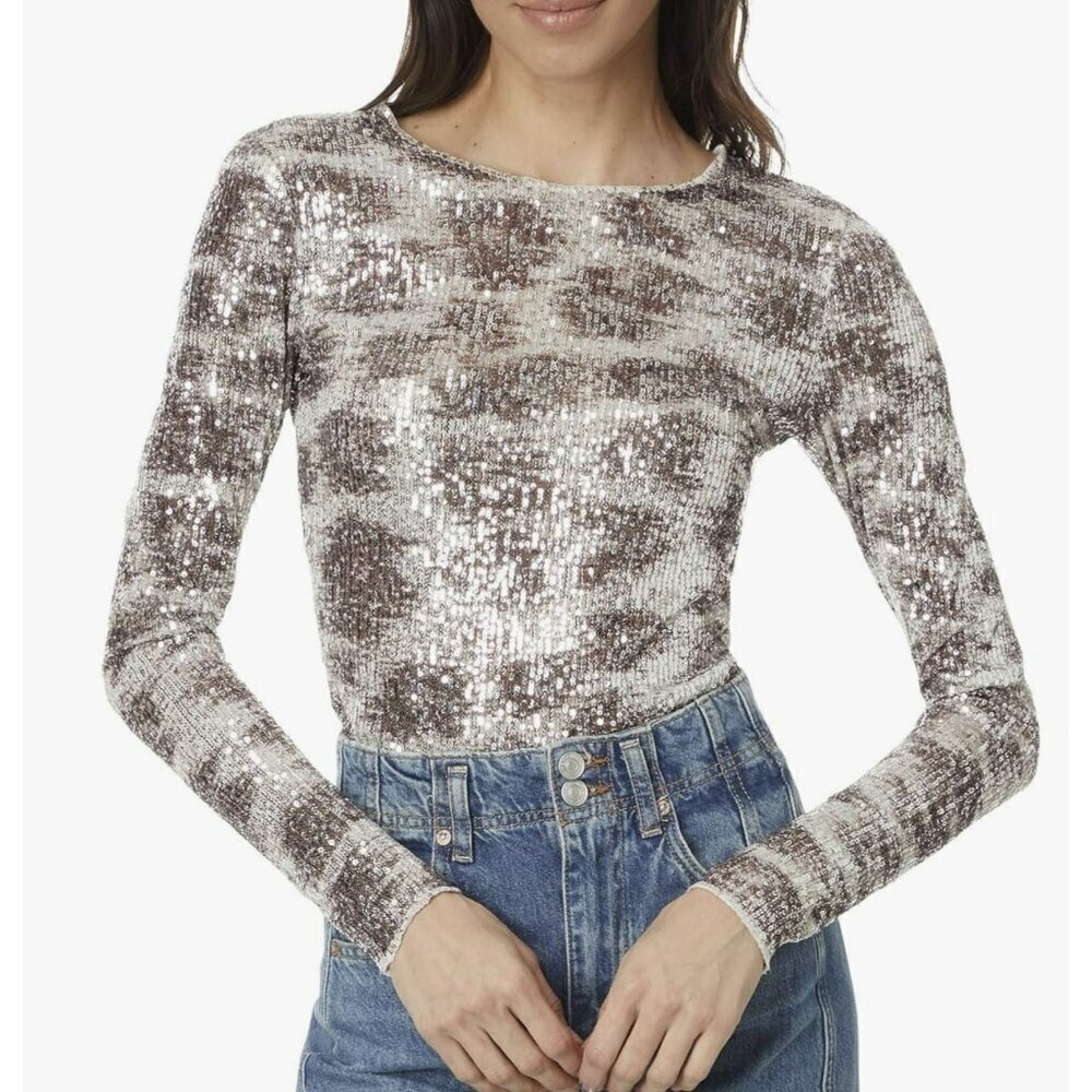 Free People Gold Rush Size XS Animal Print Sequin Top Shirt NWT